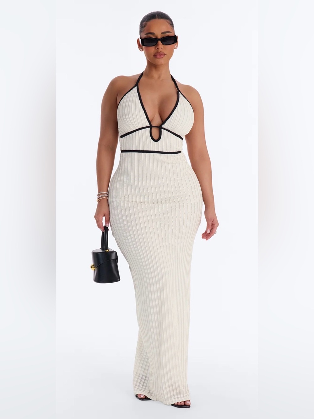 TODAY ONLY $14!!Fashion Nova Cream Ribbed Halter Maxi Dress with Black Trim
